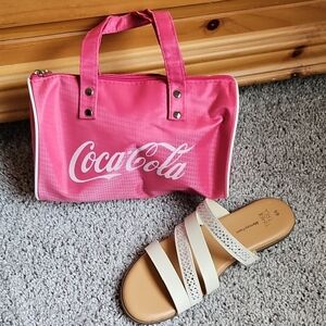 Coca Cola Pink Cosmetic Bag With a pair of Glass Gem Design Strappy Sandals.